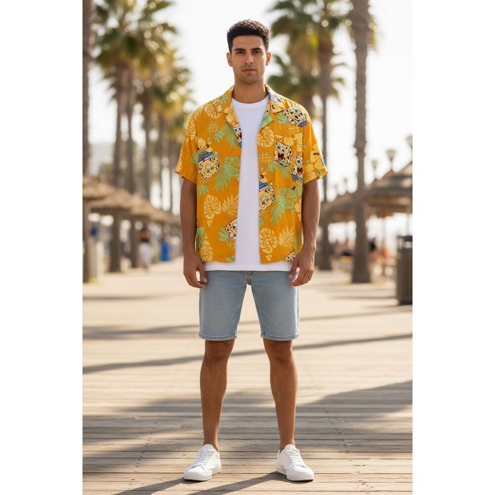 SpongeBob SquarePants Hawaiian Button Up Shirt Size Large Tropical Cartoon Camp